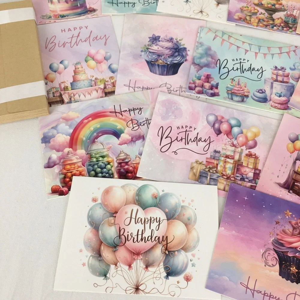 Assortment of 20 Cupcake Birthday Cards Pastel Pink Purple With Envelopes NEW